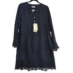 Malvin Linen Navy Long Sleeve Shift Tunic Dress Embroidered S 6 Resort Vacation